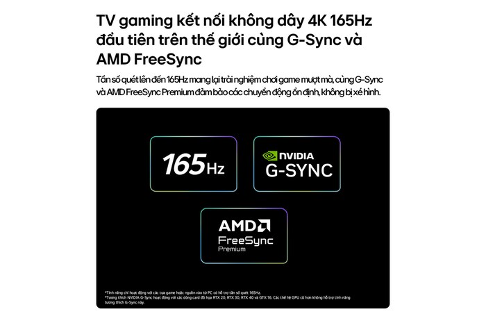 LG OLED evo AI W6 Wallpaper TV for Unbeatable Gameplay in 4K 165Hz shows a high-speed racing game with a yellow open-wheel car in motion, bold “WIN” text on screen, and NVIDIA G-SYNC and AMD FreeSync Premium logos at the top.